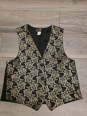 Vest Vtg 80-90s A. Brod Fashions Black Gold Brocade Vest Metallic Leaf Jacquard